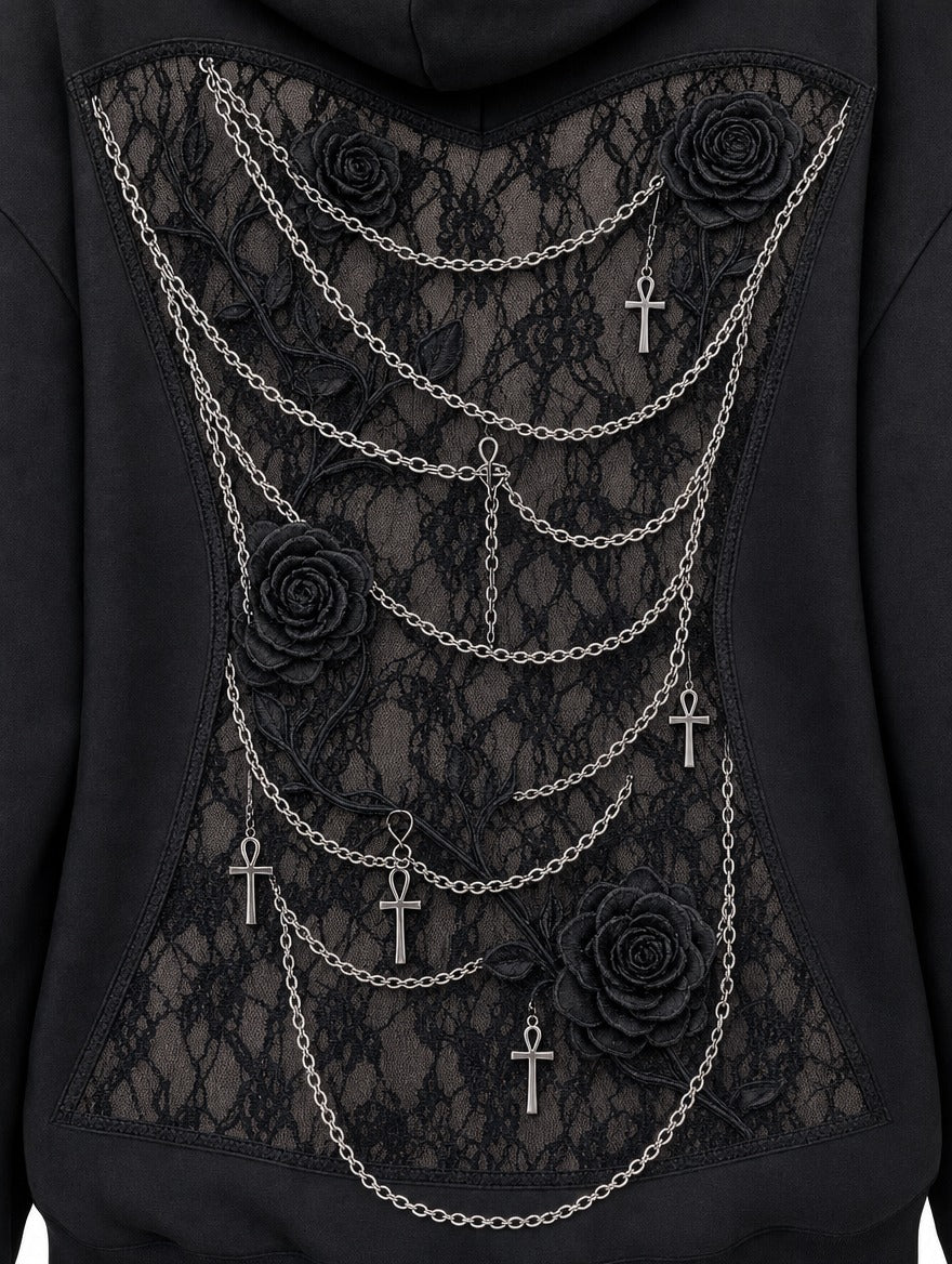 Close-up of layered chains and pendant details